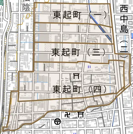東起町とその周辺の地図。町の範囲を重ねている