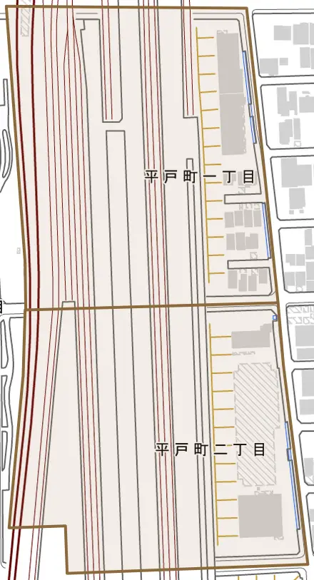 平戸町とその周辺の地図。町の範囲を重ねている