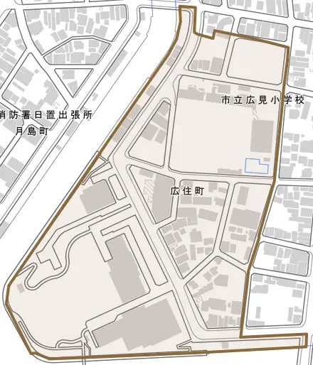 広住町とその周辺の地図。町の範囲を重ねている