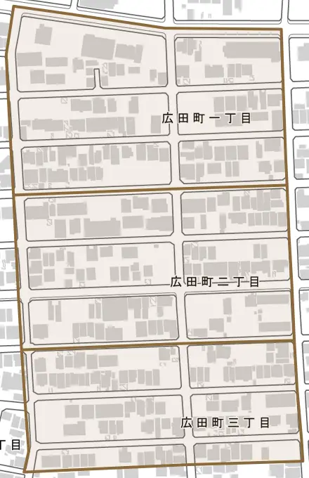 広田町とその周辺の地図。町の範囲を重ねている