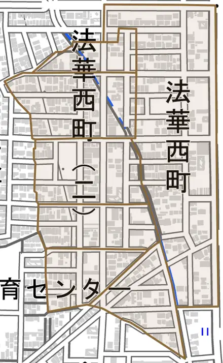 法華西町とその周辺の地図。町の範囲を重ねている