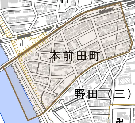 本前田町とその周辺の地図。町の範囲を重ねている