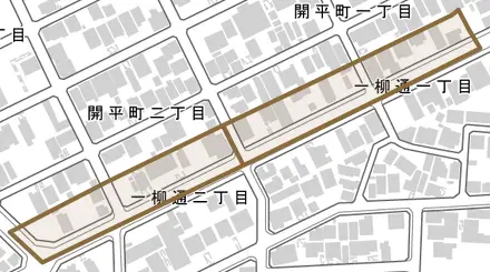 一柳通とその周辺の地図。町の範囲を重ねている