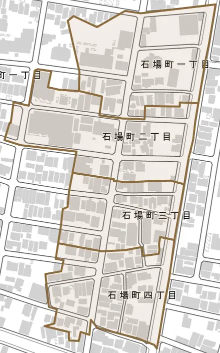 石場町とその周辺の地図。町の範囲を重ねている