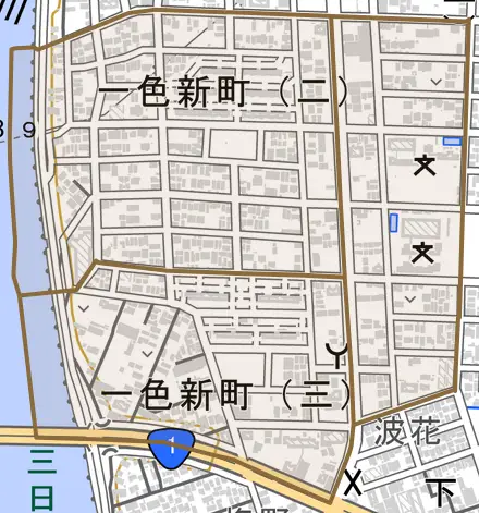 一色新町とその周辺の地図。町の範囲を重ねている