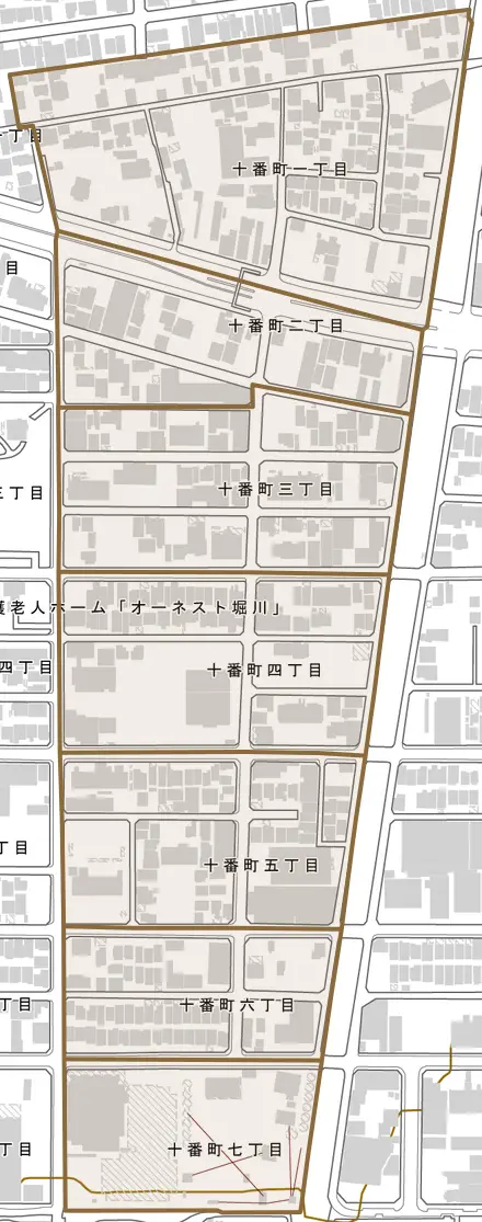 十番町とその周辺の地図。町の範囲を重ねている