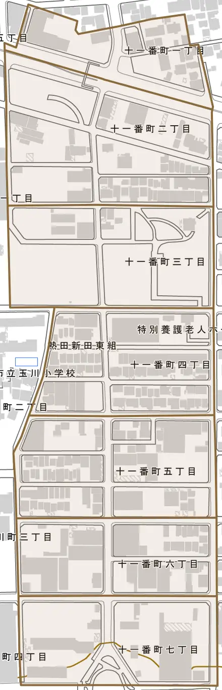 十一番町とその周辺の地図。町の範囲を重ねている