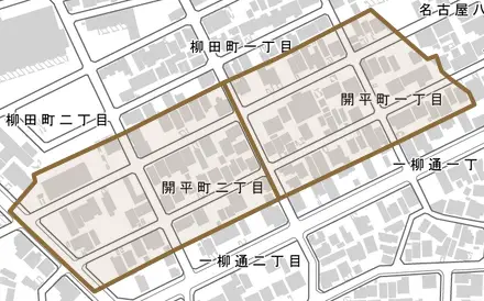 開平町とその周辺の地図。町の範囲を重ねている