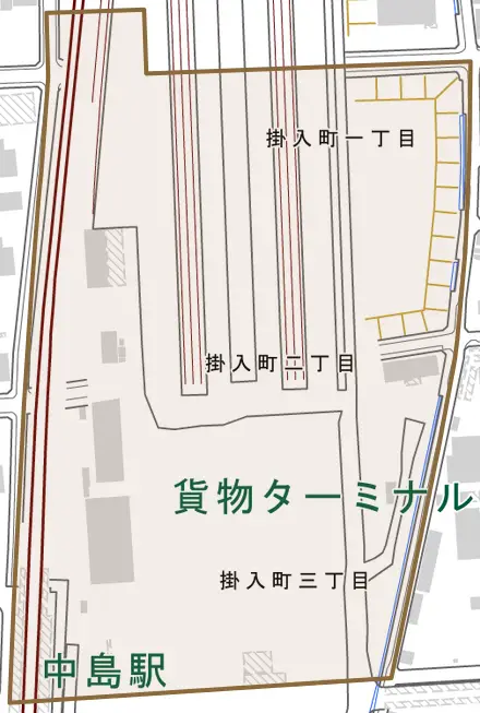 掛入町とその周辺の地図。町の範囲を重ねている