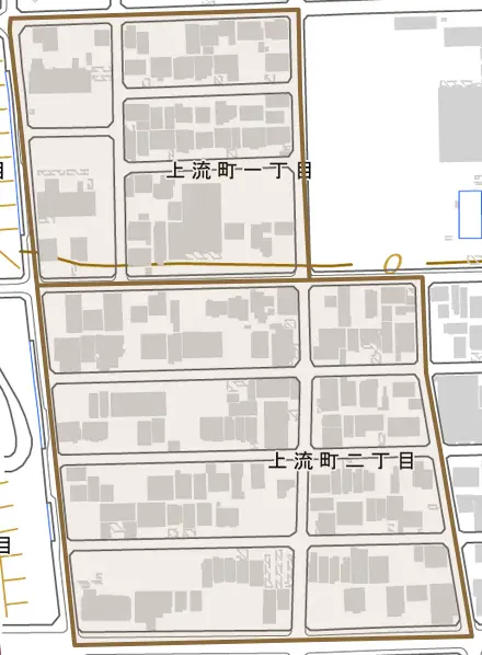 上流町とその周辺の地図。町の範囲を重ねている
