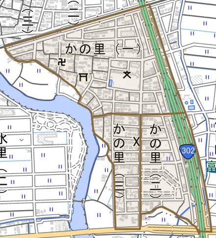 かの里とその周辺の地図。町の範囲を重ねている