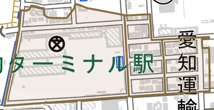 北江町とその周辺の地図。町の範囲を重ねている