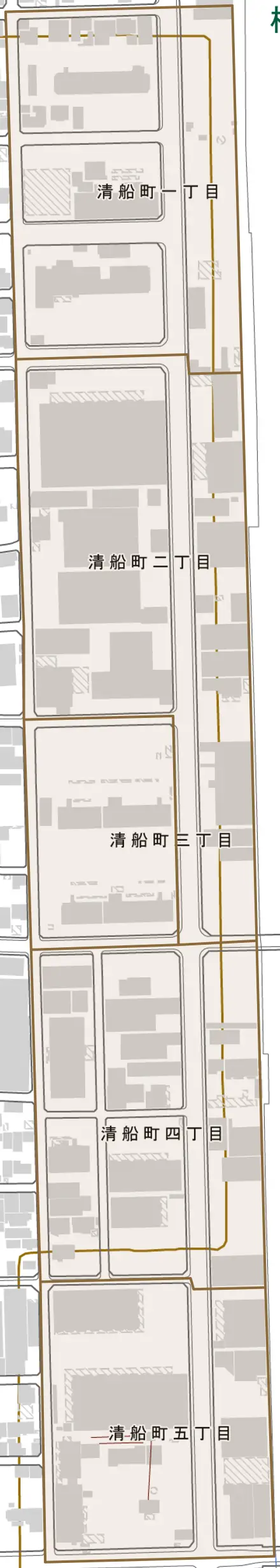 清船町とその周辺の地図。町の範囲を重ねている