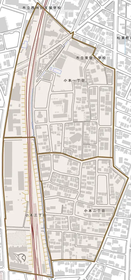 小本とその周辺の地図。町の範囲を重ねている