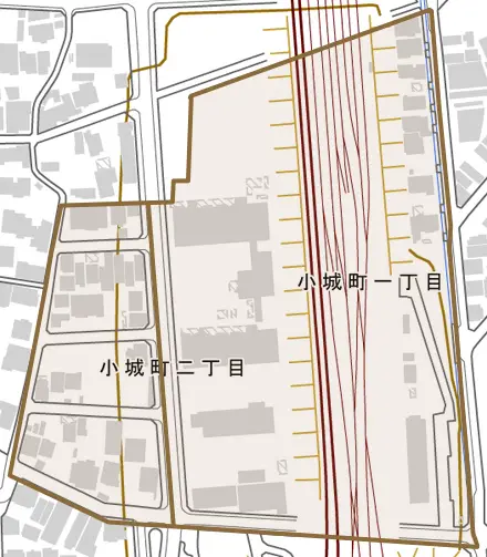 小城町とその周辺の地図。町の範囲を重ねている