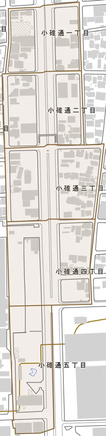 小碓通とその周辺の地図。町の範囲を重ねている