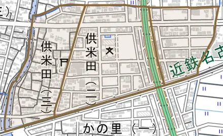 供米田とその周辺の地図。町の範囲を重ねている