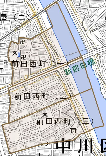 前田西町とその周辺の地図。町の範囲を重ねている