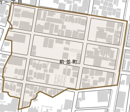 前並町とその周辺の地図。町の範囲を重ねている