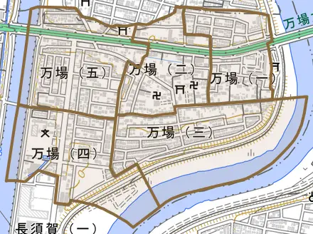 万場とその周辺の地図。町の範囲を重ねている