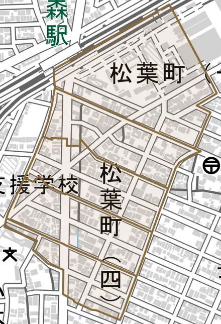 松葉町とその周辺の地図。町の範囲を重ねている