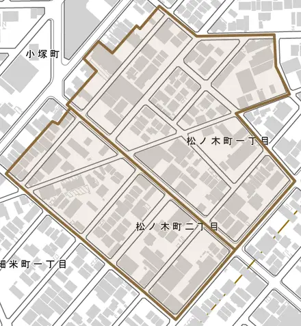松ノ木町とその周辺の地図。町の範囲を重ねている