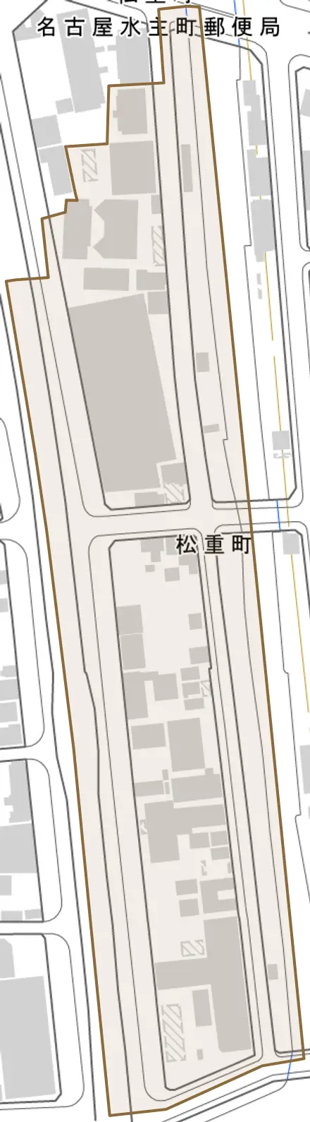 松重町とその周辺の地図。町の範囲を重ねている
