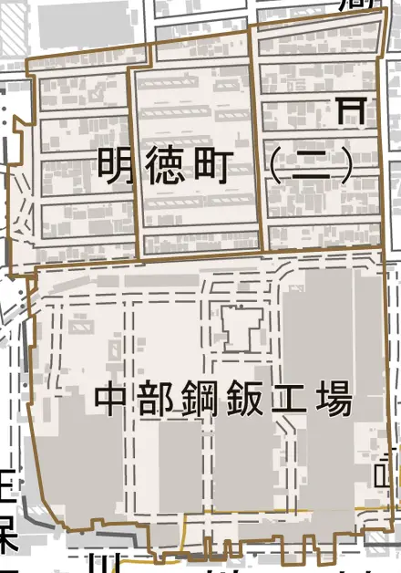 明徳町とその周辺の地図。町の範囲を重ねている
