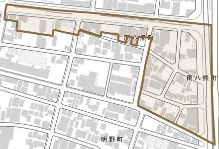南八熊町とその周辺の地図。町の範囲を重ねている