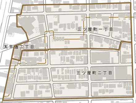 三ツ屋町とその周辺の地図。町の範囲を重ねている