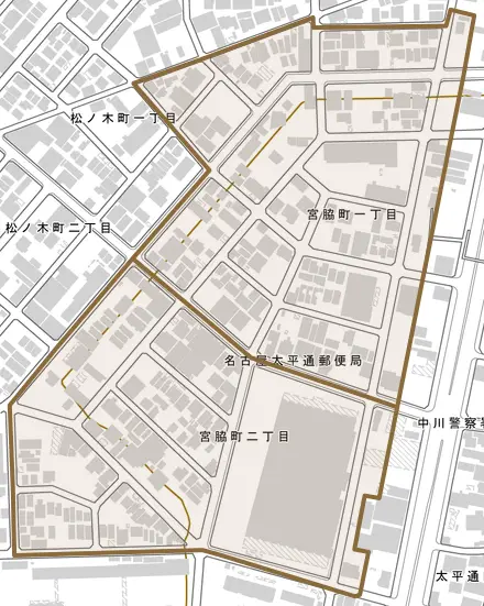 宮脇町とその周辺の地図。町の範囲を重ねている