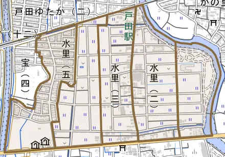 水里とその周辺の地図。町の範囲を重ねている