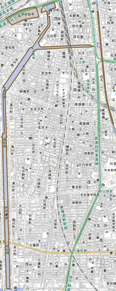 百船町とその周辺の地図。町の範囲を重ねている