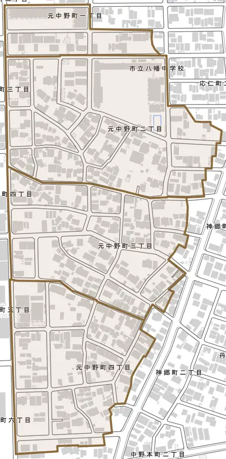 元中野町とその周辺の地図。町の範囲を重ねている