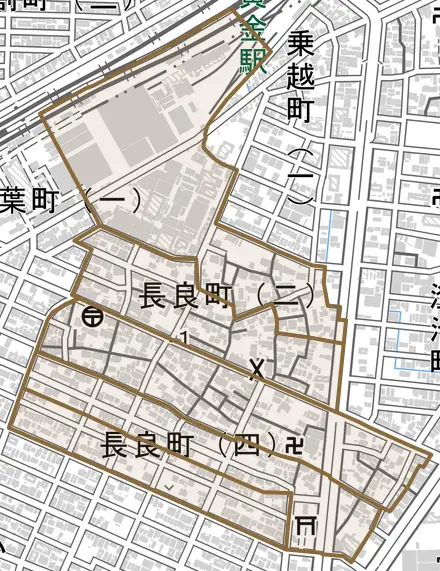 長良町とその周辺の地図。町の範囲を重ねている