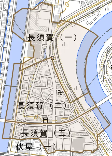 長須賀とその周辺の地図。町の範囲を重ねている