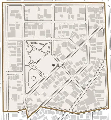 中花町とその周辺の地図。町の範囲を重ねている