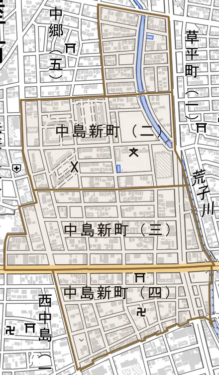 中島新町とその周辺の地図。町の範囲を重ねている