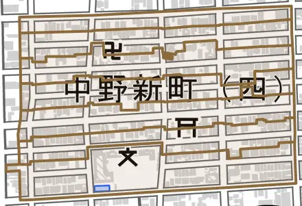 中野新町とその周辺の地図。町の範囲を重ねている