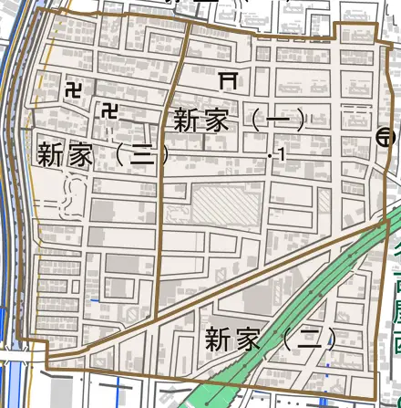 新家とその周辺の地図。町の範囲を重ねている