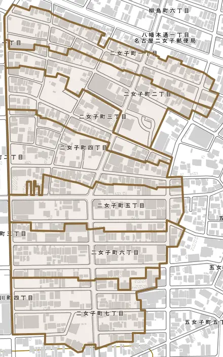 二女子町とその周辺の地図。町の範囲を重ねている