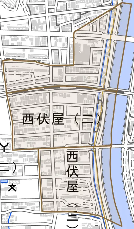 西伏屋とその周辺の地図。町の範囲を重ねている