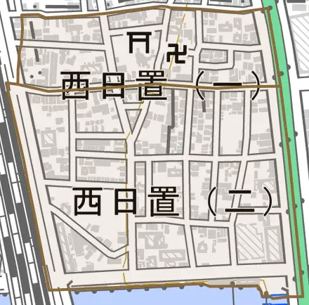 西日置とその周辺の地図。町の範囲を重ねている