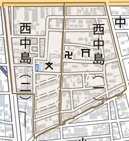 西中島とその周辺の地図。町の範囲を重ねている