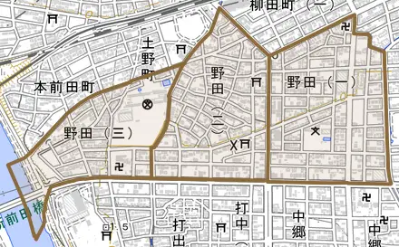 野田とその周辺の地図。町の範囲を重ねている