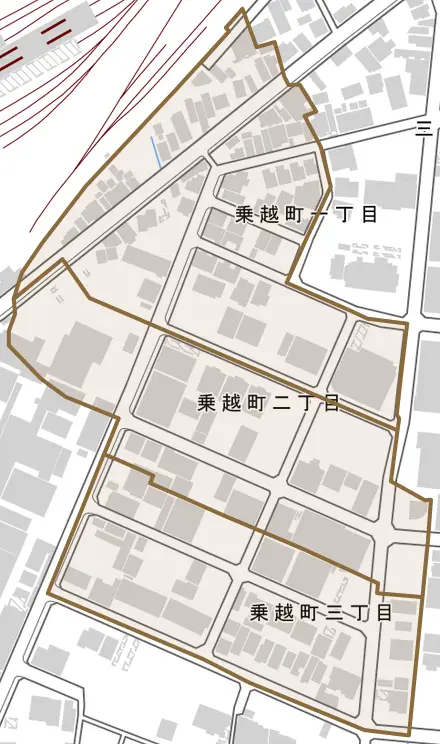 乗越町とその周辺の地図。町の範囲を重ねている