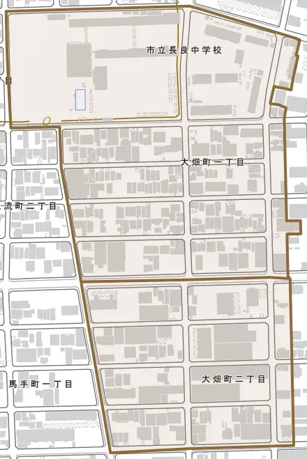 大畑町とその周辺の地図。町の範囲を重ねている