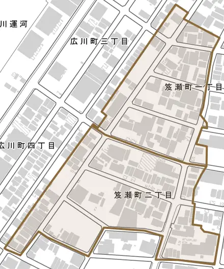 笈瀬町とその周辺の地図。町の範囲を重ねている