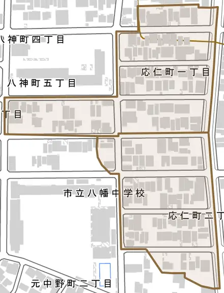 応仁町とその周辺の地図。町の範囲を重ねている