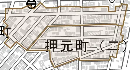 押元町とその周辺の地図。町の範囲を重ねている